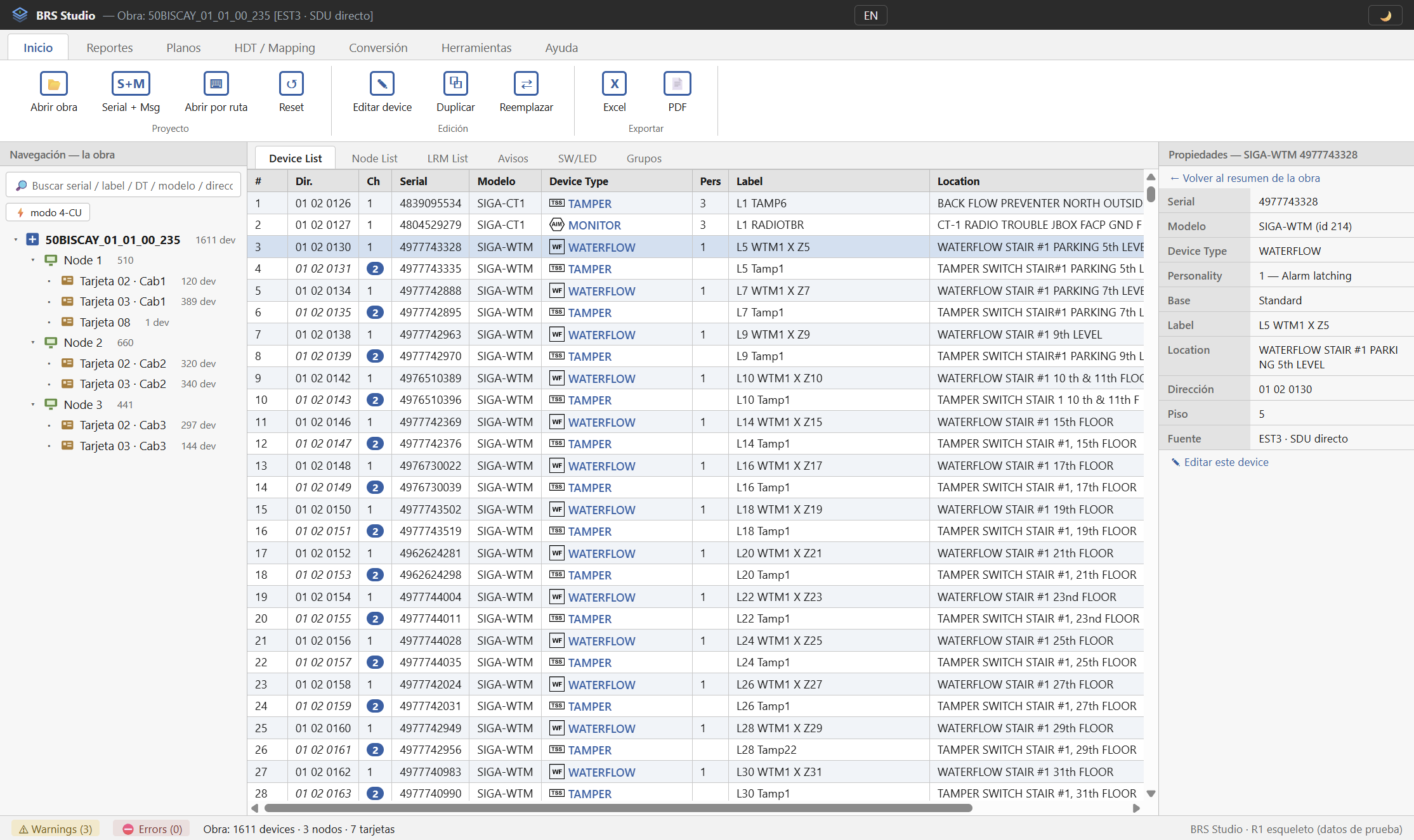 El dispositivo y sus propiedades / Device list and properties (Spanish interface)