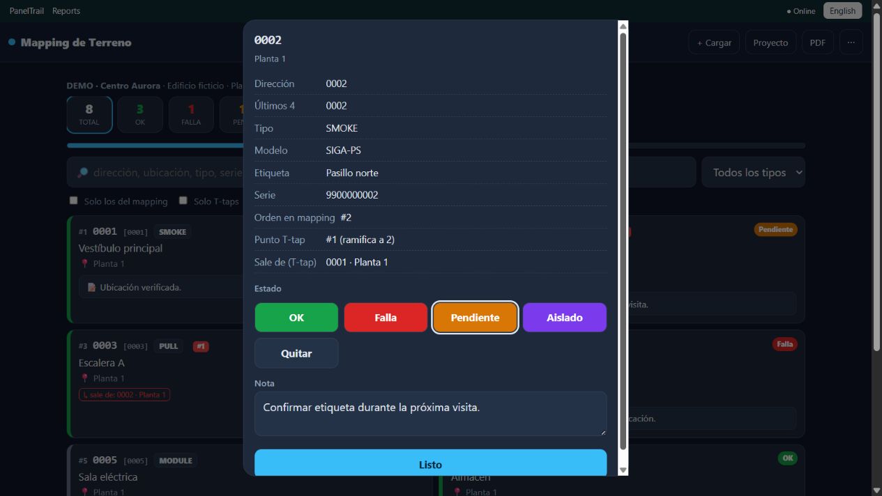 Mapping · ficha y nota / Mapping · device details and note — DEMO