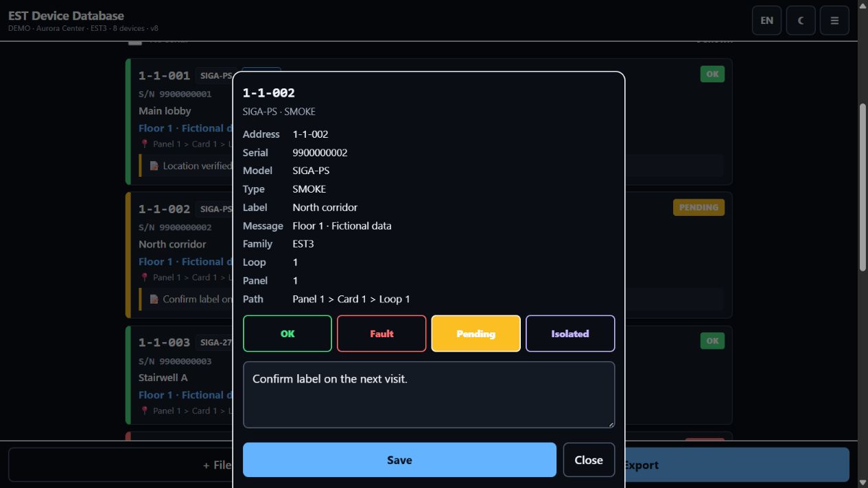 Device state and note — DEMO